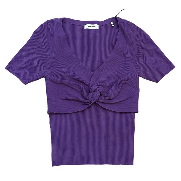 Sandro Temple Twisted Short Sleeve Sweater Purple Size 2 US Medium New - Picture 1 of 4